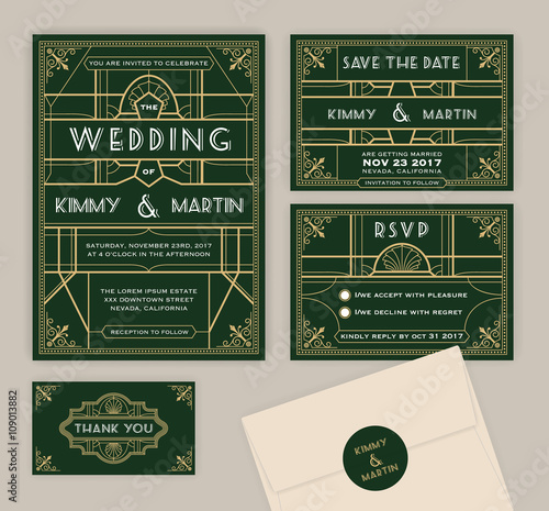 Emerald green art deco wedding invitation template. Art deco frame and invitation card. Include Wedding invitation, Save the date card, RSVP card, Thank you card. Vector illustration