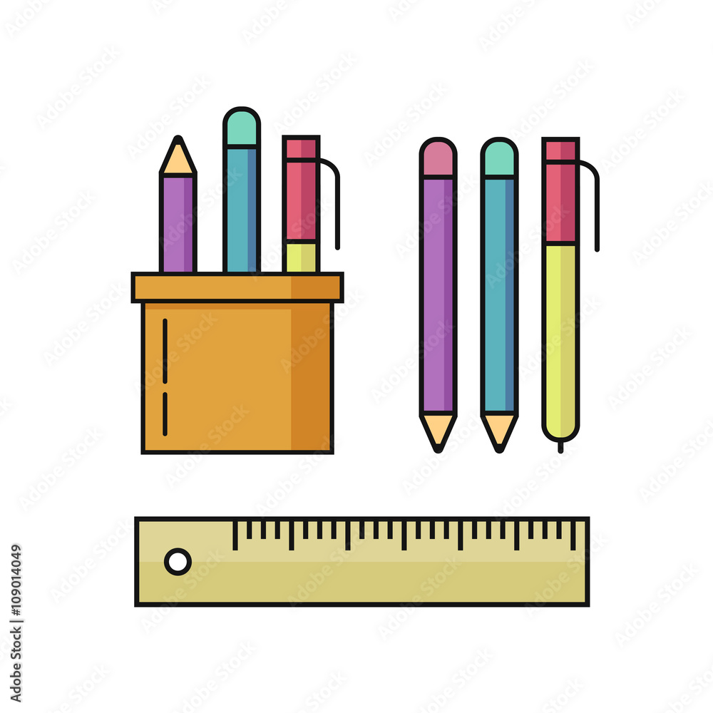 Pen and pencils, ruler vector illustration set isolated on white background, office stationary holder, education tools outline linear flat style, black thin line cartoon design Pen and pencils, ruler vector illustration set isolated on white background, office stationary holder, education tools outline linear flat style, black thin line cartoon design
