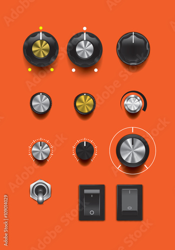 Set of realistic music control knobs and buttons with scales