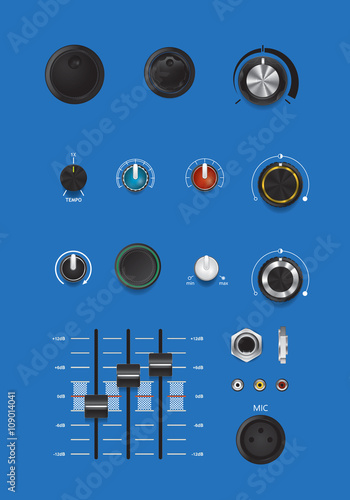 Set of realistic music control knobs and buttons with scales