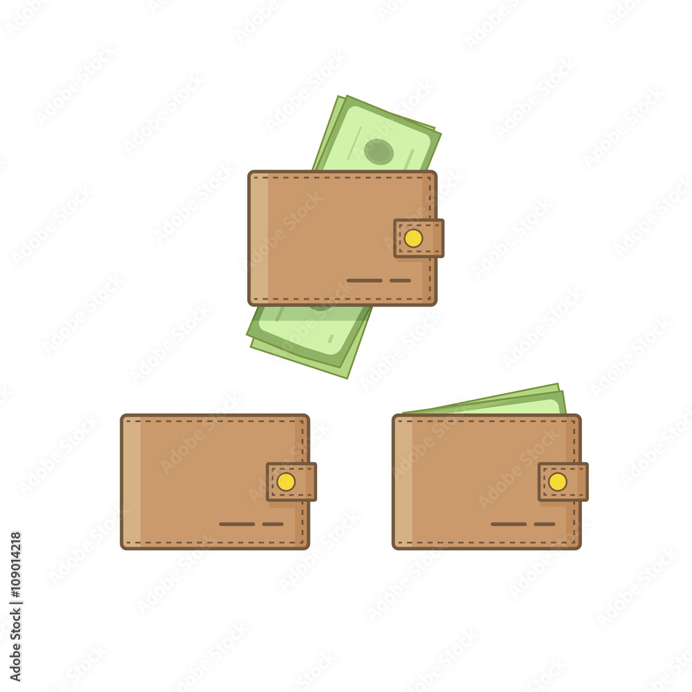 Wallet with money vector icon set isolated on white background, empty wallet  and brown pocketbook cash flat cartoon simple design, linear outline style  Stock Vector | Adobe Stock
