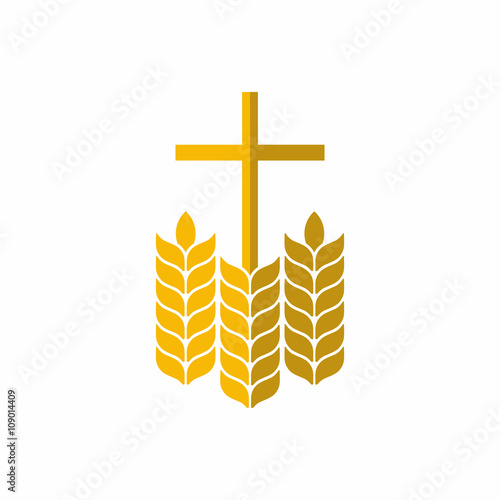 Church logo. Christian symbols. Cross and wheats.