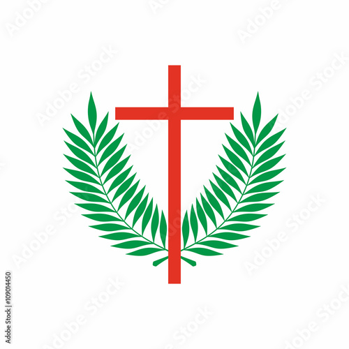 Church logo. Christian symbols. Cross and palm branches.