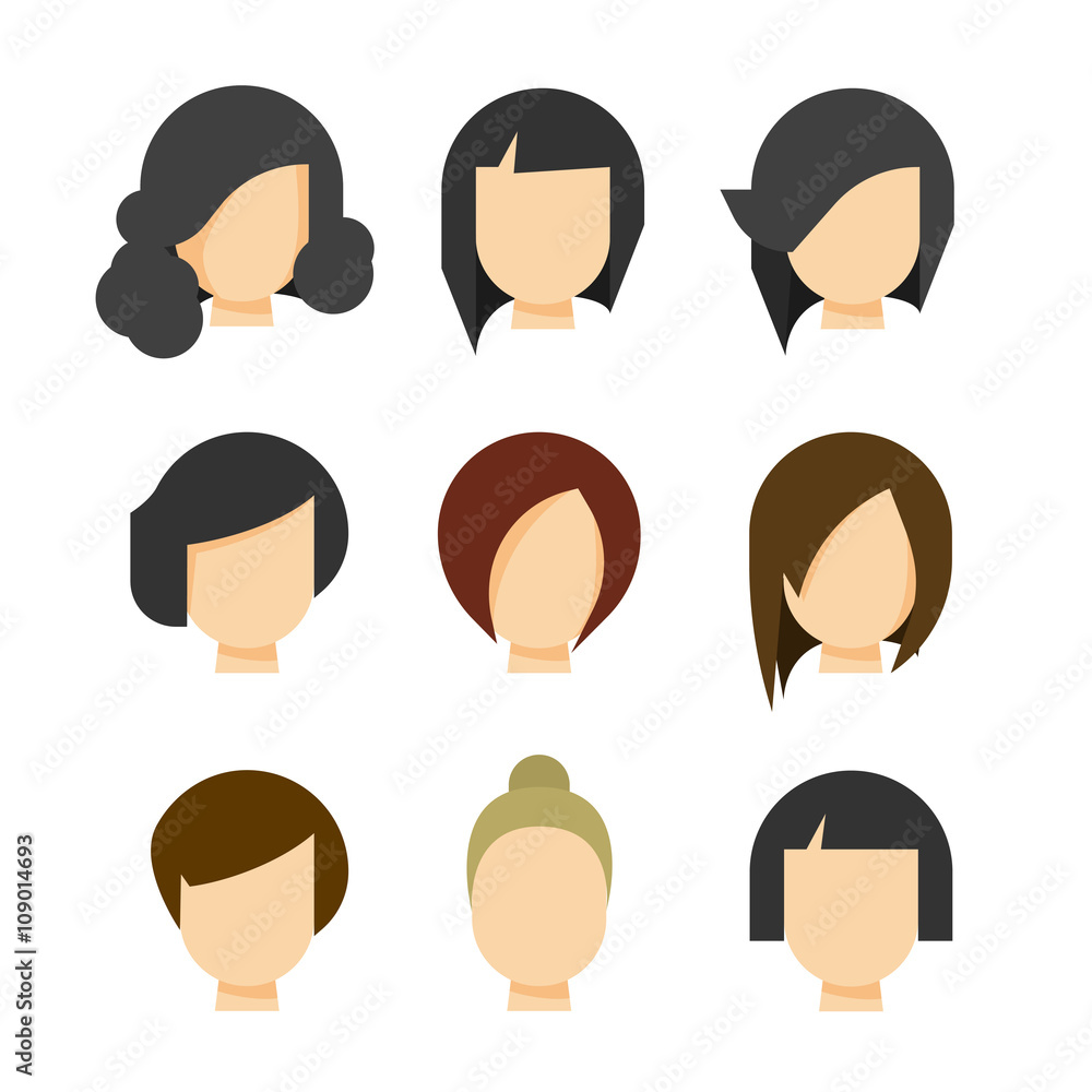 Hair styling vector illustration isolated on white background, haircut set on woman head silhouette, hair abstract model flat cartoon shapes design Stock Vector | Adobe Stock Hair styling vector illustration isolated on white background, haircut set on woman head silhouette, hair abstract model flat cartoon shapes design Stock Vector | Adobe Stock