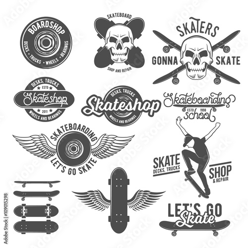 Set of vintage badges with skateboard