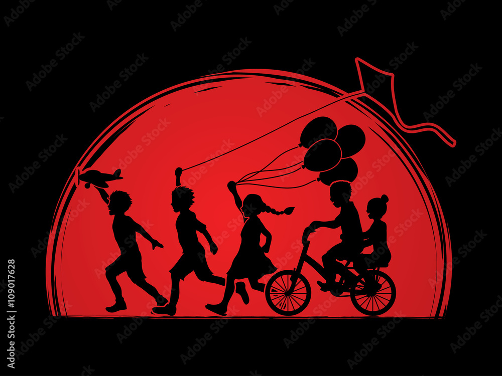 Obraz premium Children running, Friendship on sunset background graphic vector.