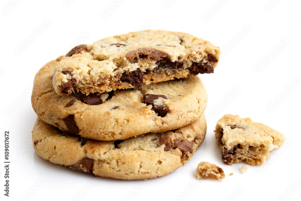 Stack of three light chocolate chip cookies isolated. One broken - obrazy, fototapety, plakaty 