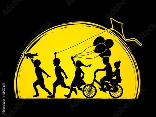 Children running, Friendship on moonlight background graphic vector.