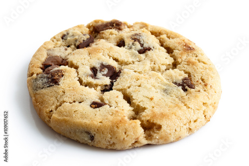 Single light chocolate chip cookie isolated on white.