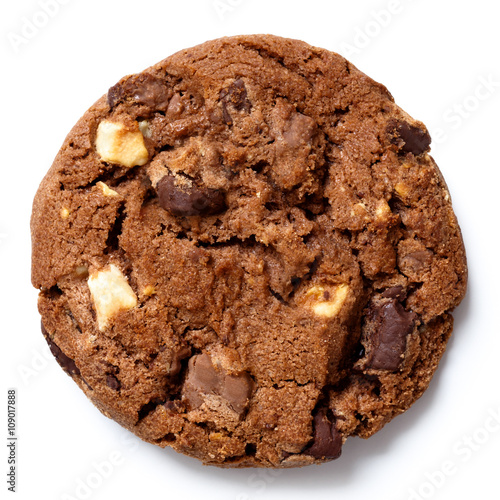 Konstfotografi Dark chocolate chip cookie isolated on white from above.