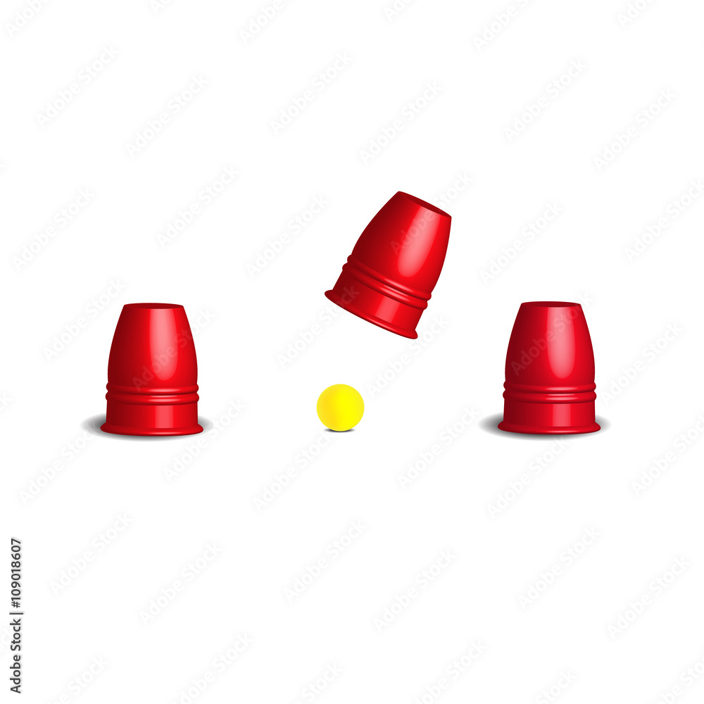 Magic cup games with three stainless red cups and yellow ball set, 3d Vector illustration. Magic cup games with three stainless red cups and yellow ball set, 3d Vector illustration.