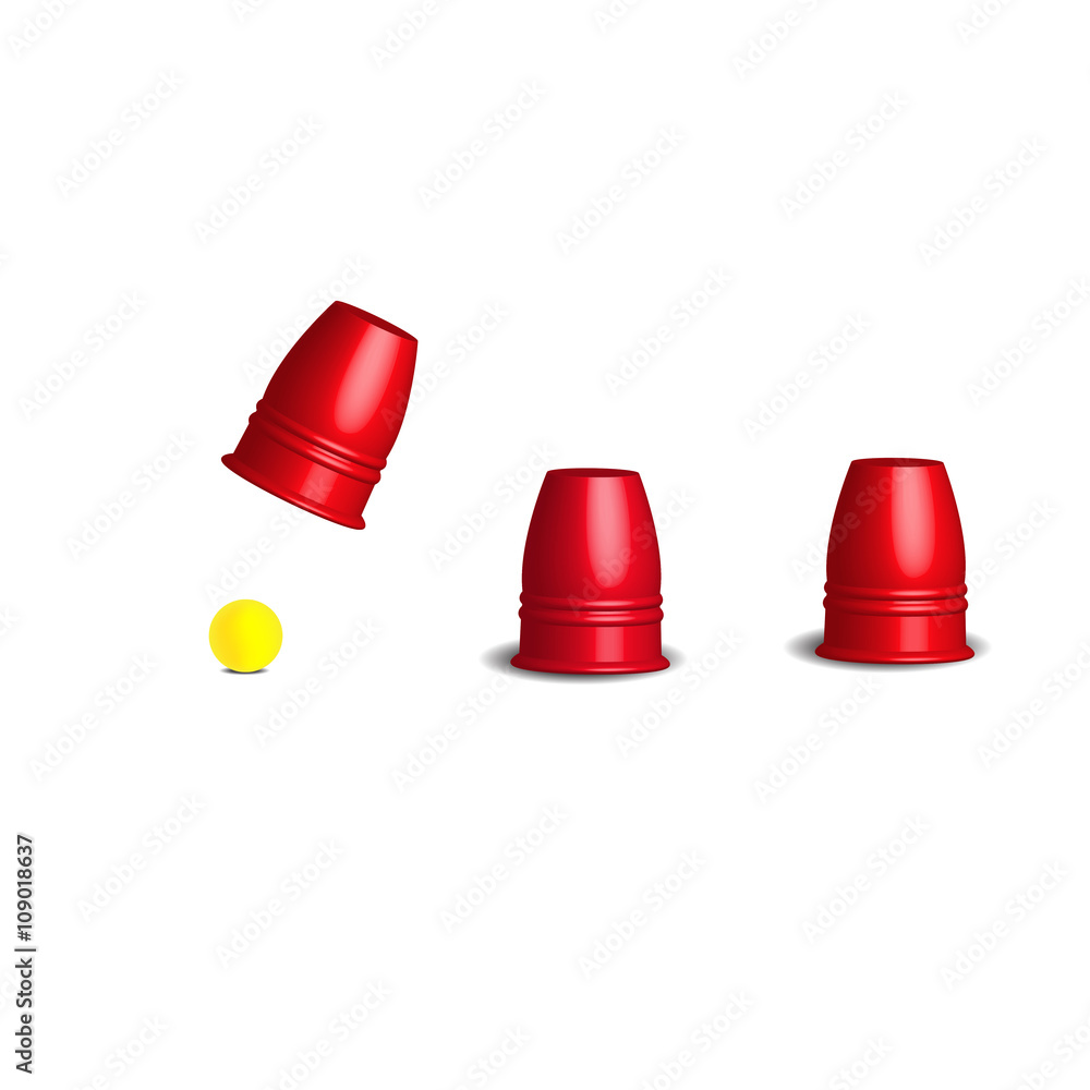 Magic cups game with three stainless red cups and yellow ball set, 3d Vector illustration. Magic cups game with three stainless red cups and yellow ball set, 3d Vector illustration.