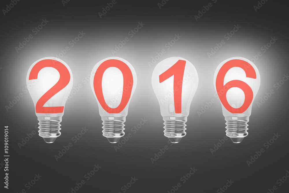 Bright 2016 light bulbs in a row illuminated the dark Bright 2016 light bulbs in a row illuminated the dark