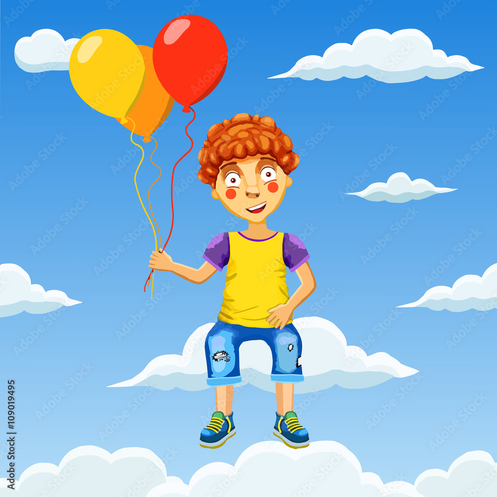 Vector illustration of a happy boy with balloons in cloudy sky Vector illustration of a happy boy with balloons in cloudy sky