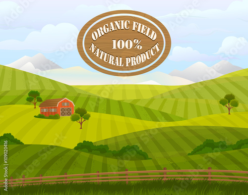 Meadow landscape. Green grass. Countryside. Rural area. Fields. Village background. Farming life. Vector illustration in cartoon style.