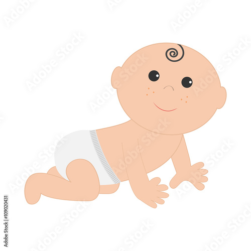 Cute baby boy girl crawling in diaper. Isolated. White background. Baby shower. Cartoon character. Flat design.