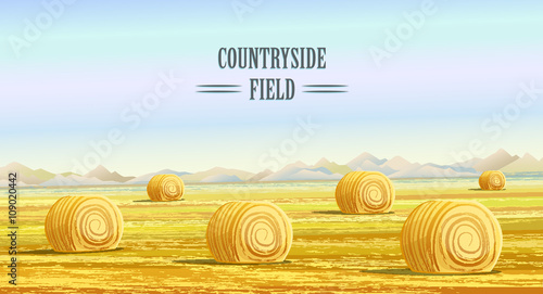 Countryside. Rural area. Fields with haystacks. Country Landscape. Meadow background. Hay bales. Farming life. Vector illustration in cartoon style.