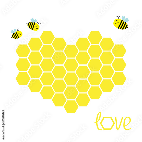 Yellow honeycomb set in shape of heart. Beehive element. Honey icon. Love greeting card. Isolated. White background. Flat design.
