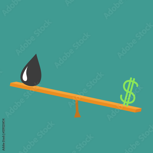 Dollar sign and oil drop on scale board. Balance between dollar and oil value. Seesaw icon. Business infographic. Green background. Isolated. Up down money value concept. Flat design