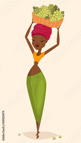 Girl picker grape harvest. Vector character, cartoon style.