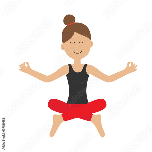 Young girl do yoga. Cute cartoon woman character sitting in lotus pose. Healthy lifestyle. Relax exercises. Meditating. Isolated. White background. Flat design.
