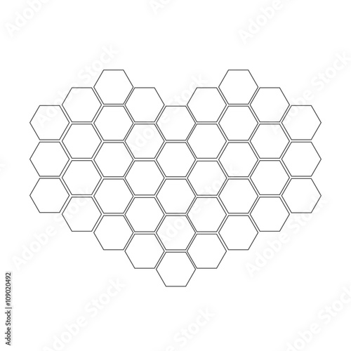 Honeycomb set in shape of heart. Beehive element. Honey icon. Isolated. White background. Flat design.