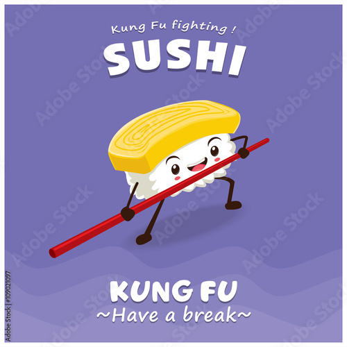 Vintage Kung Fu Sushi poster design with vector sushi character