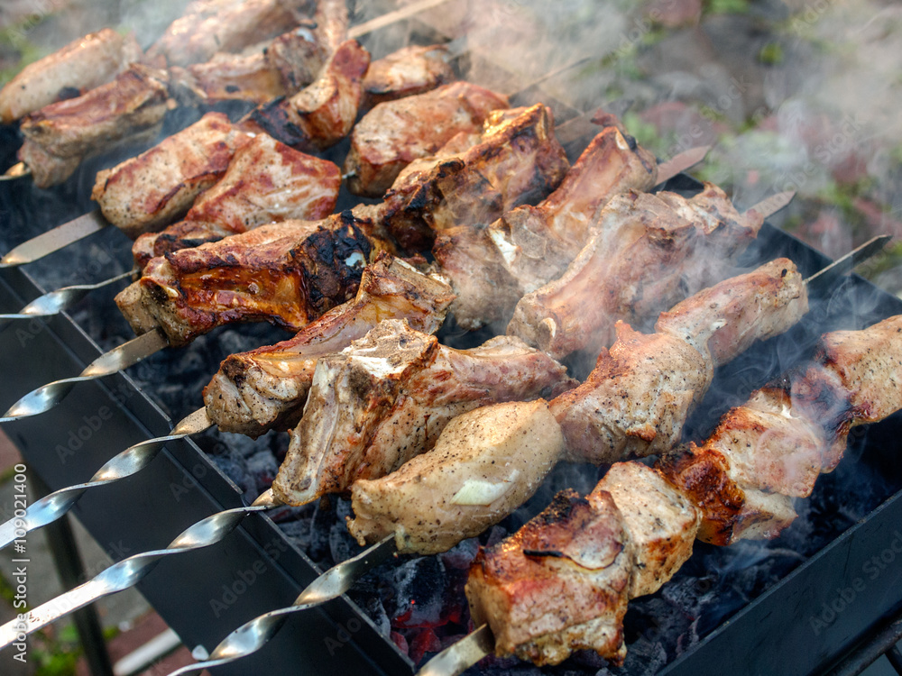Barbecue, grilled meat on charcoal, saslik
