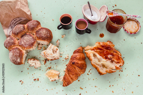 French breakfast with croissants and jam.