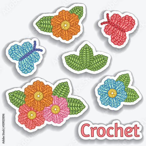 Set of crochet elements. Flowers, butterflies, leaves. Crochet stitches.