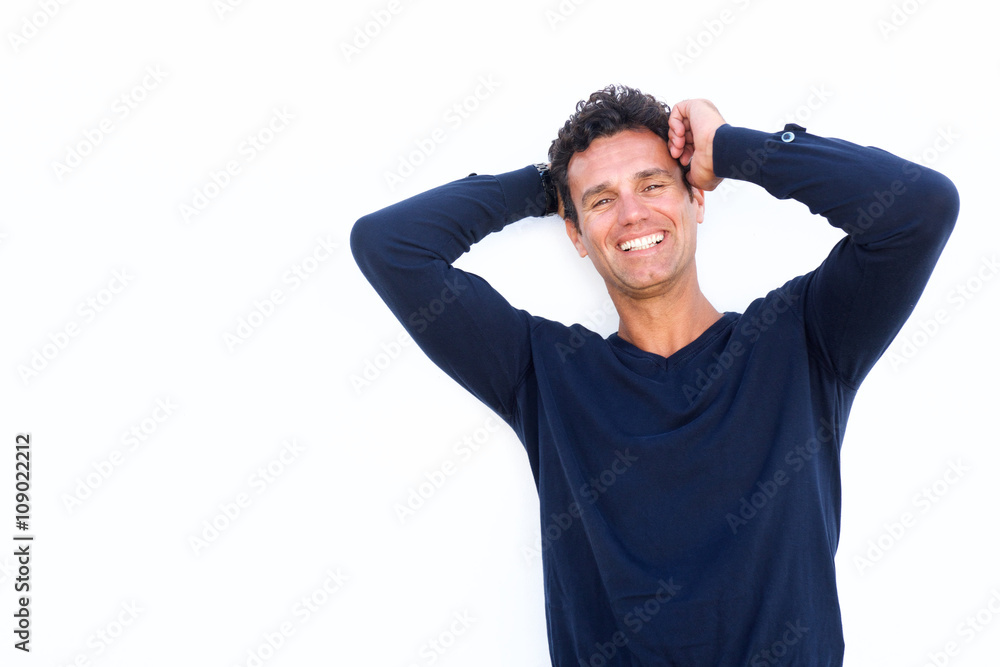 Middle aged guy laughing against isolated white background Middle aged guy laughing against isolated white background