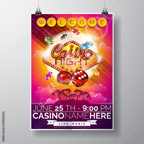 Vector Party Flyer design on a Casino theme with chips and dices on ocean landscape background.