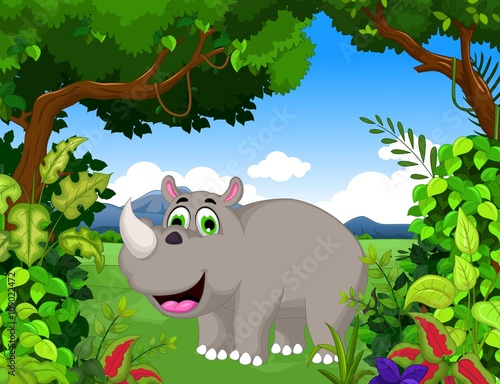 rhino cartoon with landscape background