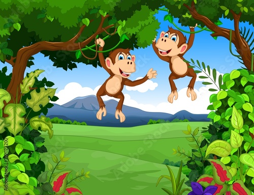 Fototapeta Naklejka Na Ścianę i Meble -  monkey cartoon with landscape background