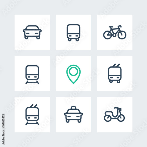 City and public transport icons on squares, public transportation vector icons, route, bus, subway, taxi, public transport pictograms, thick line icons isolated on white, vector illustration