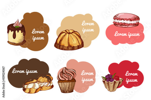 Vector desserts elements in hand drawn style. Delicious food. Art illustration.  Sweet pastry for your design in cafe menu, posters, brochures