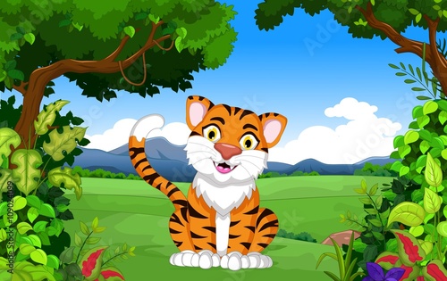 Fototapeta Naklejka Na Ścianę i Meble -  funny tiger cartoon with landscape background