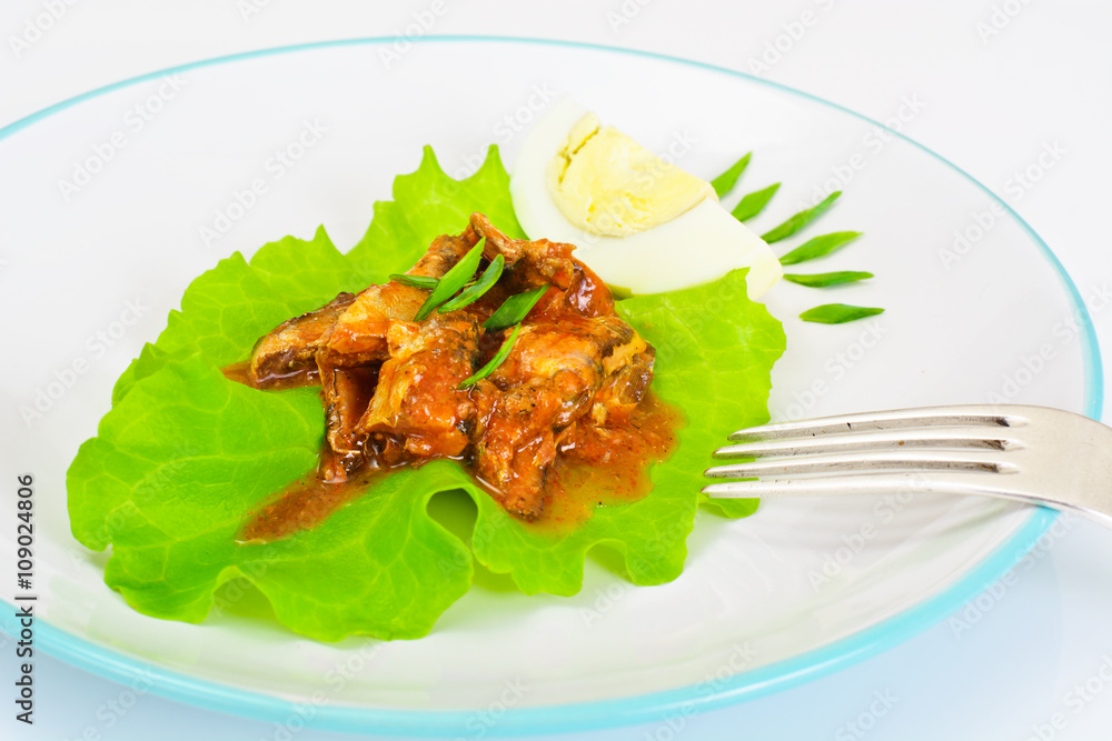 Fototapeta premium Canned Fish with Eggs on Lettuce