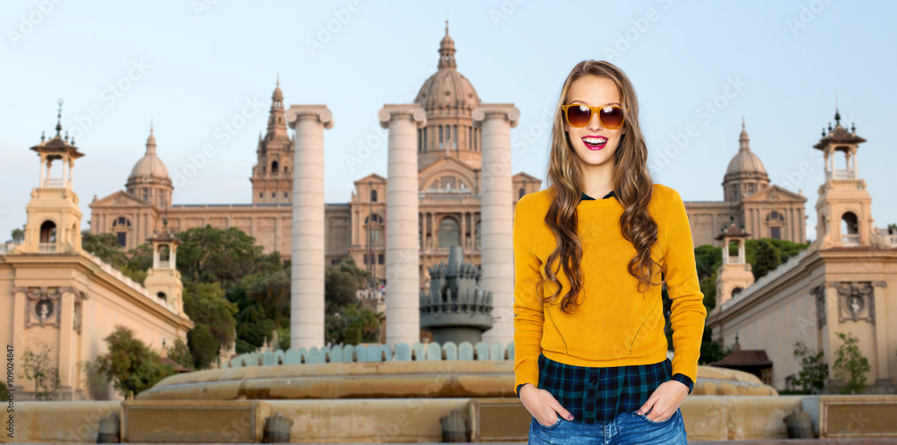 happy young woman or teen girl in casual clothes