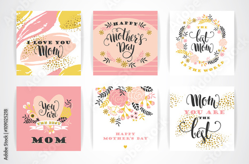 Set of Happy Mothers Day lettering greeting cards with Flowers.