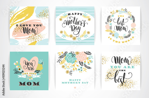 Set of Happy Mothers Day lettering greeting cards with Flowers.