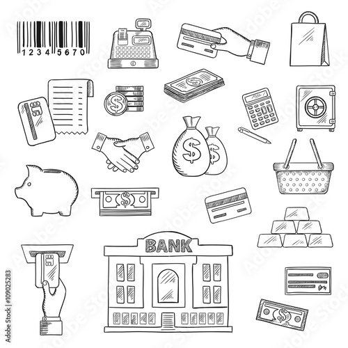Money, banking services, shopping sketch symbols