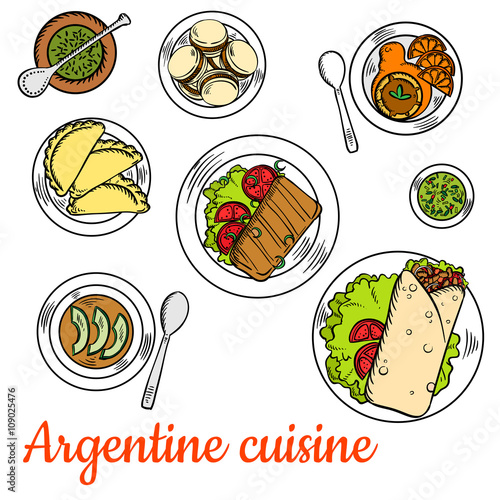 Bright national dishes of argentine cuisine sketch