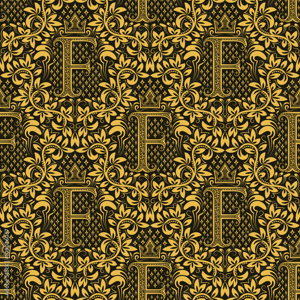 Damask seamless pattern repeating background. Golden olive floral ornament with F letter and crown in baroque style. Antique golden repeatable wallpaper.