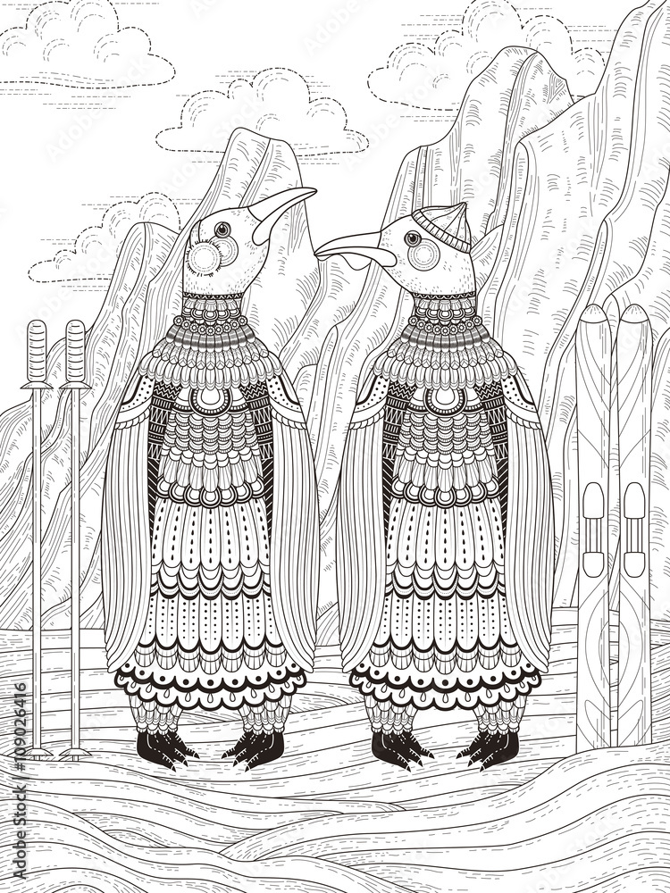 Obraz premium adult coloring page with penguins
