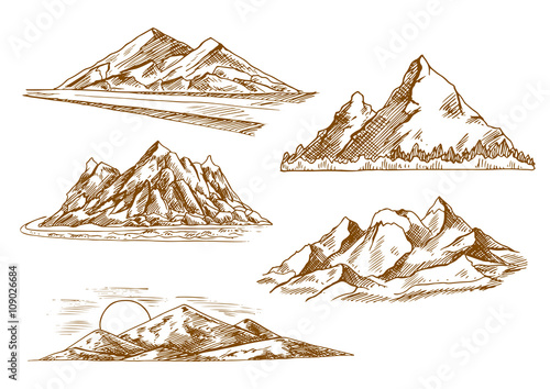Mountain landscapes symbols with river and forest