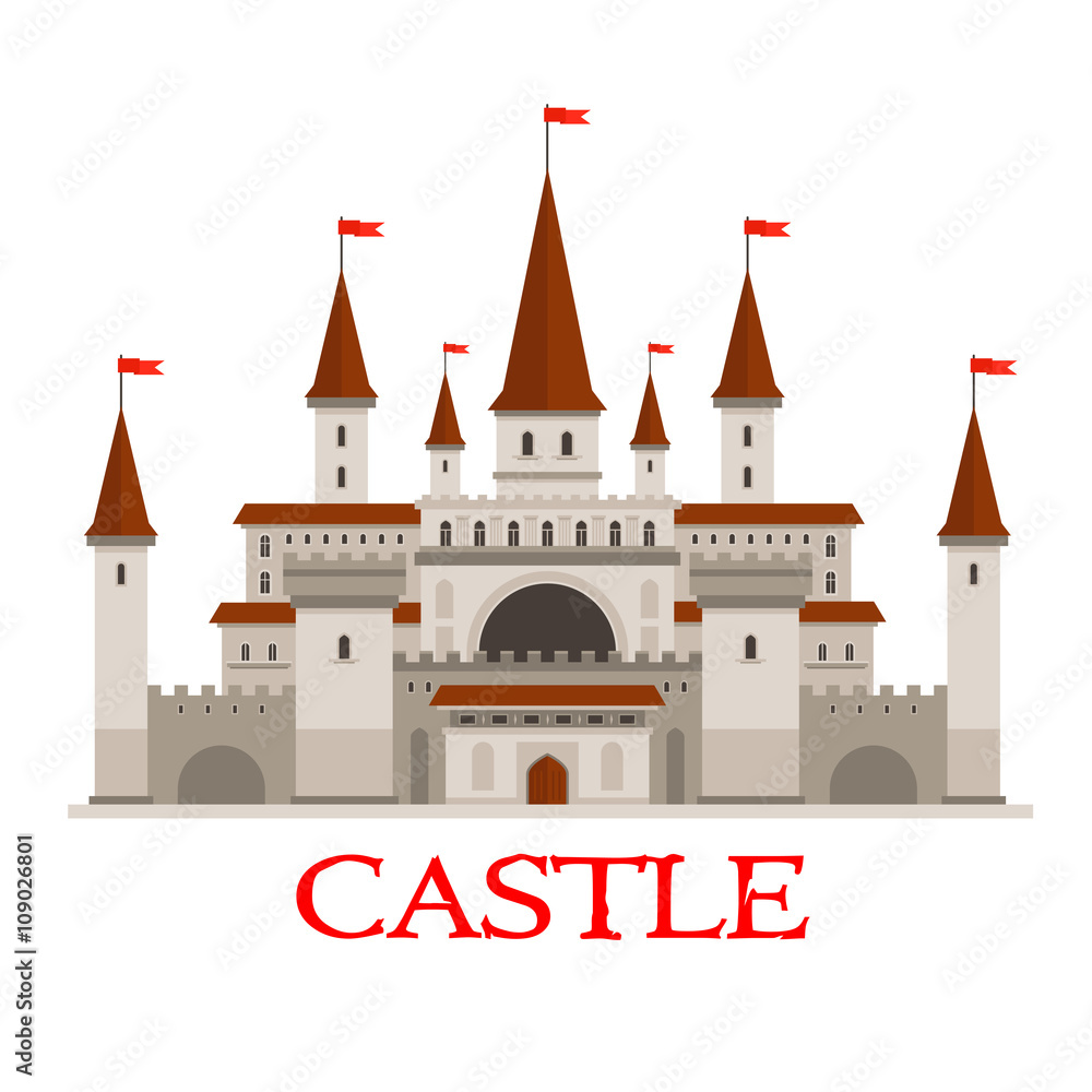 Medieval castle or fortress with red flags icon