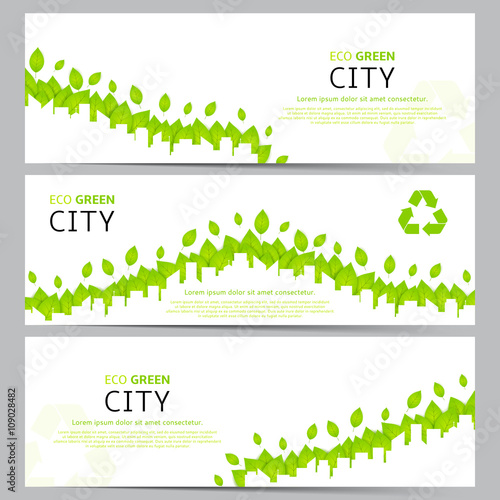 Set of elegant web eco banners. Collection of templates for website with green leafs and with silhouette of city landscape. Vector illustration on ecology theme.