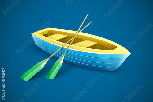 Wooden boat with paddles for fishing or kayaking extreme sports