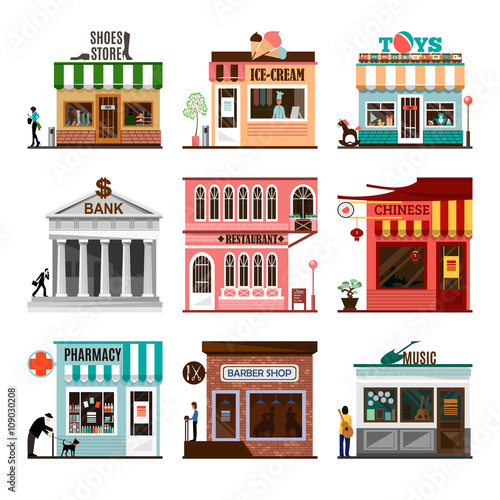 Set of flat vector shop building facades icons